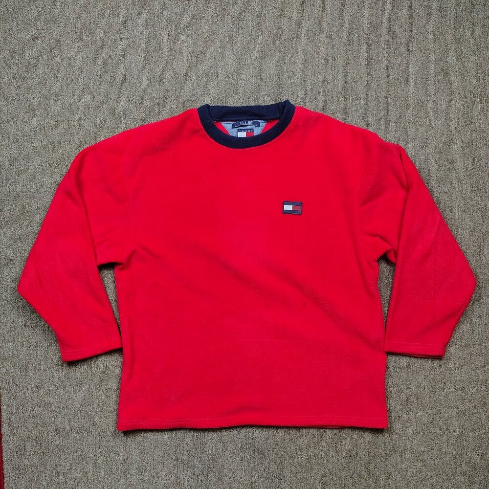 Vintage TOMMY JEANS Fleece Pullover Men's XL Red Crew Neck Rubber Logo Patch